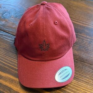Red Burgundy Adjustable Hat with Embroidered Cannabis Leaf